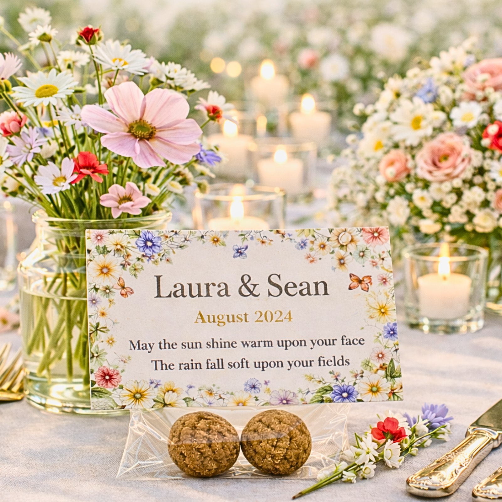 Example of a personalised wildflower seed bomb wedding favour card with names, date and message