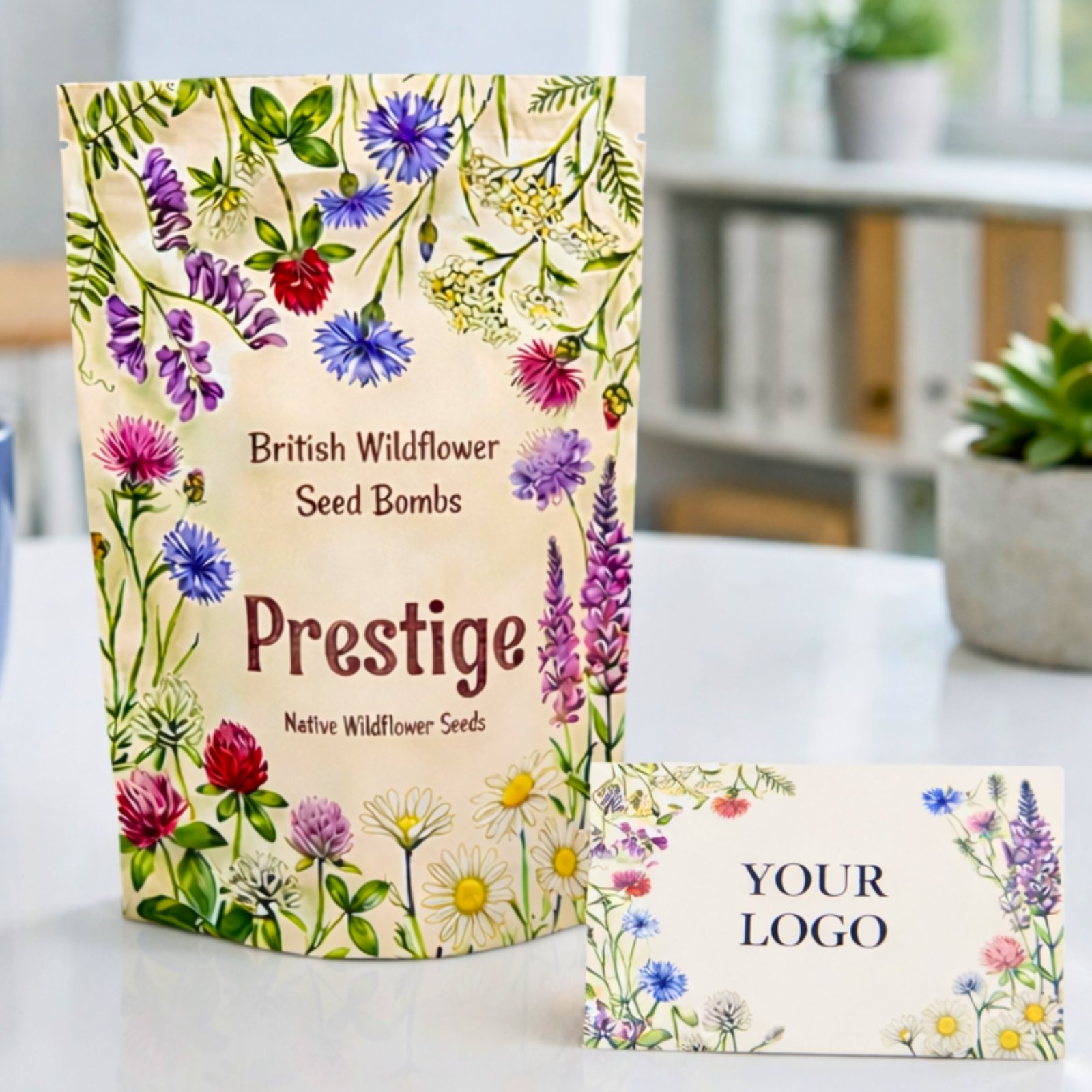 British wildflower seed bomb gift box displayed with a coordinated custom-logo card