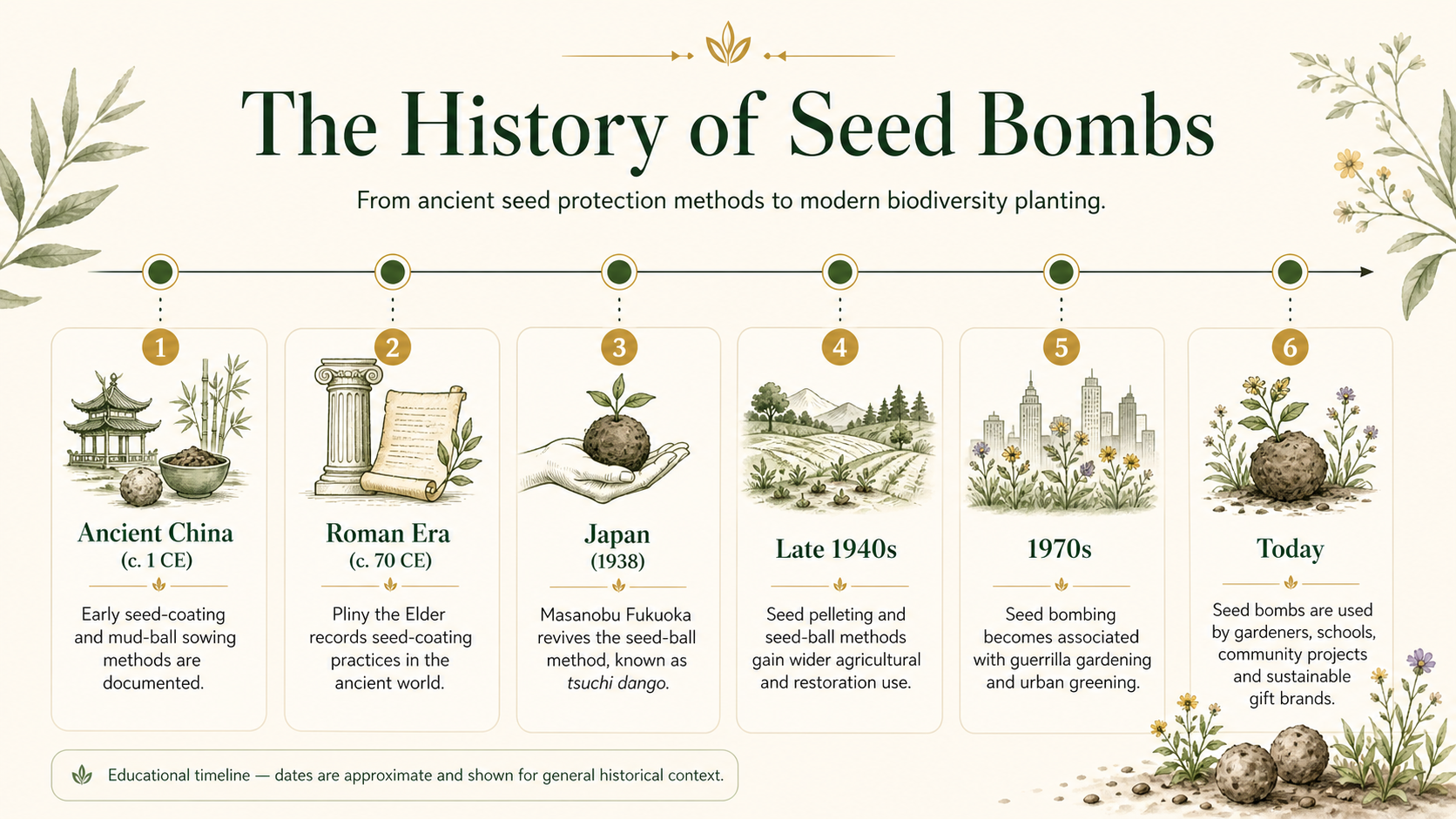 Illustrated history of seed bombs timeline, from early seed-protection traditions to natural farming, 1970s community gardening and modern planting