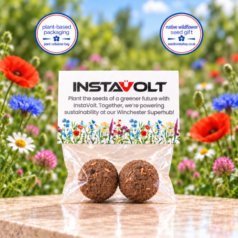 InstaVolt branded two-seed-bomb pack with a personalised floral card