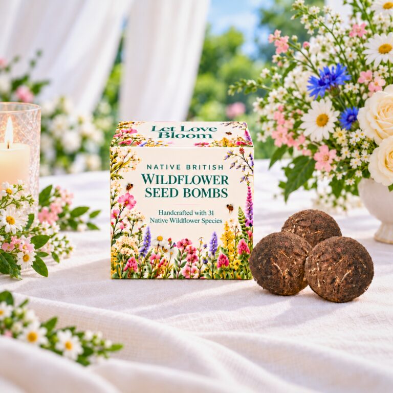 Let Love Bloom wedding favour cube with seed bombs beside it on a floral wedding table
